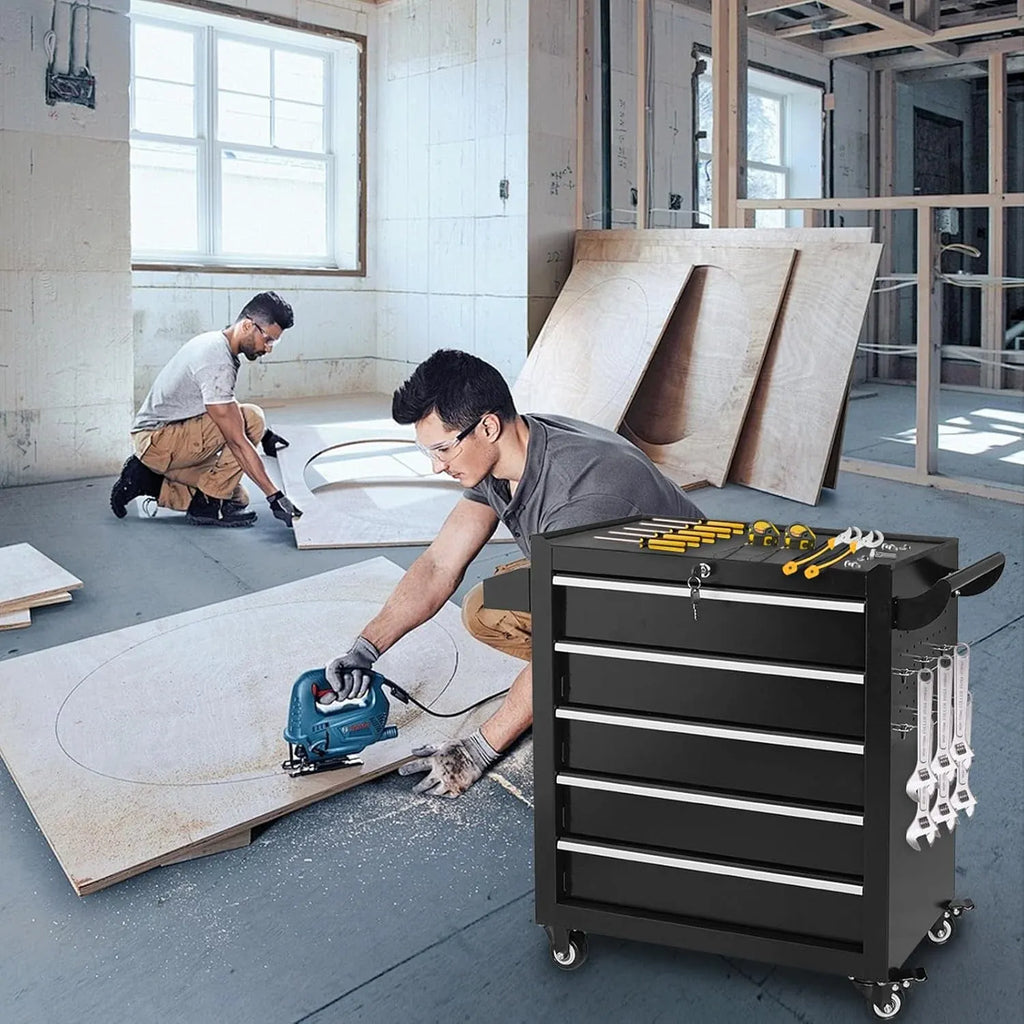 5 Drawers Rolling Tool Chest, Metal Tool Box with Lock Garage Storage Cabinets Sliding Tool Drawer Cart on Wheels Toolbox Organization Workbench for Workshop Warehouse Repair Shop
