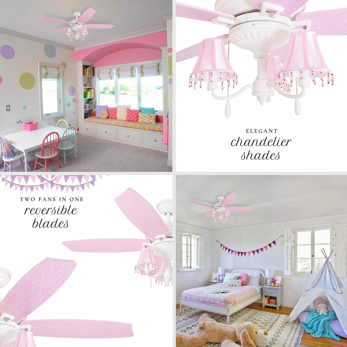 Prominence Home Elsa, 48 Inch Princess Style Indoor LED Ceiling Fan with Light, Pull Chain, Three Mounting Options, 5 Dual Finish Blades, Reversible Motor 50623-01 (White/ Pink)