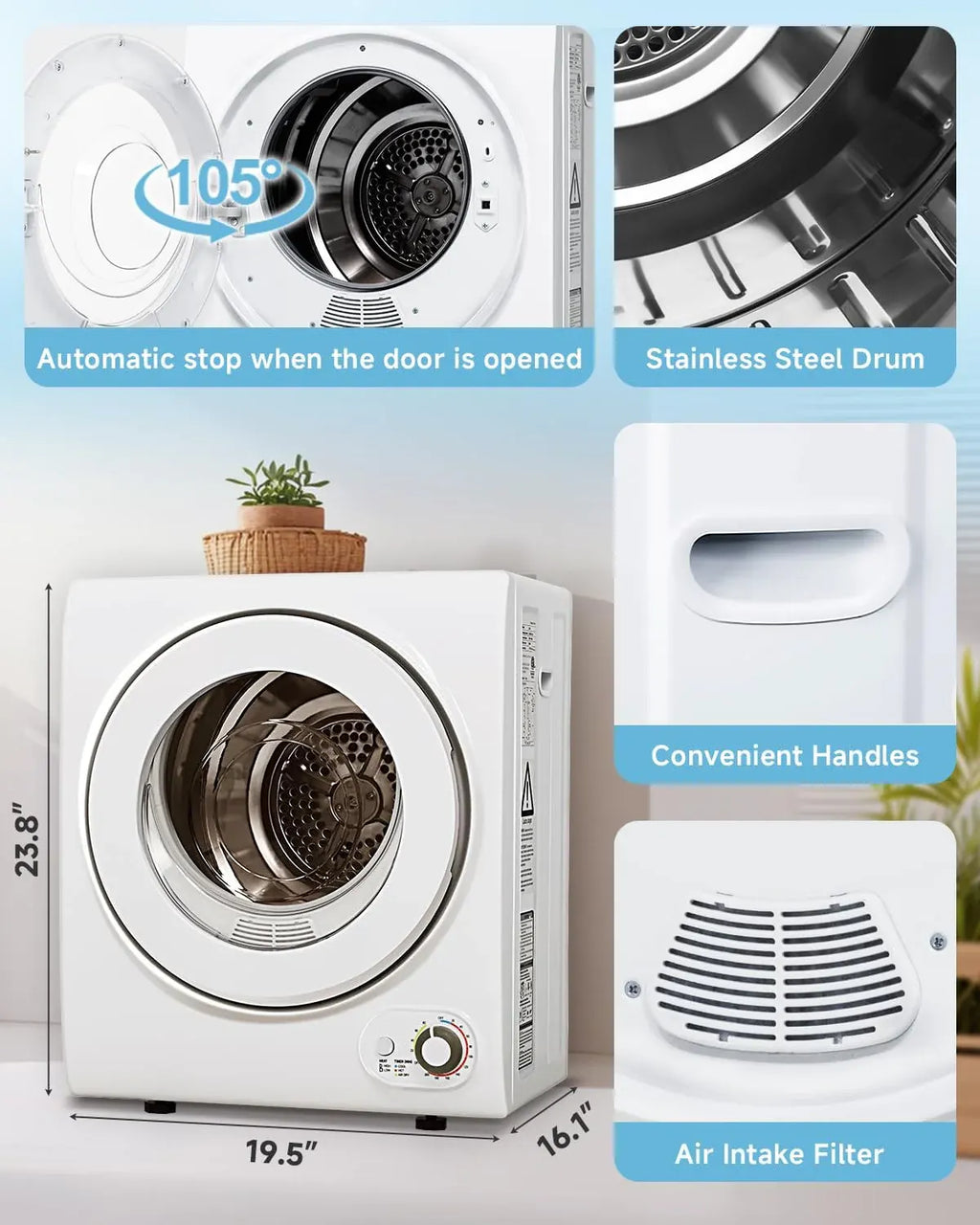 110V Portable Dryer â?850W Compact Clothes Dryer with 4 Automatic Drying Modes, Stainless Steel Tub, Simple Control Knob for Apartments, Dorms & Small Spaces