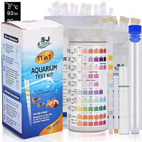 11 in 1 Aquarium Test Strips - Fish Tank Water Testing Kit with Ammonia Test Strips for Fish Tank (150 Strips) & eBook | Includes 50 Ammonia Strips, Thermometer, & Test Kit for Ponds & All Fish Tanks