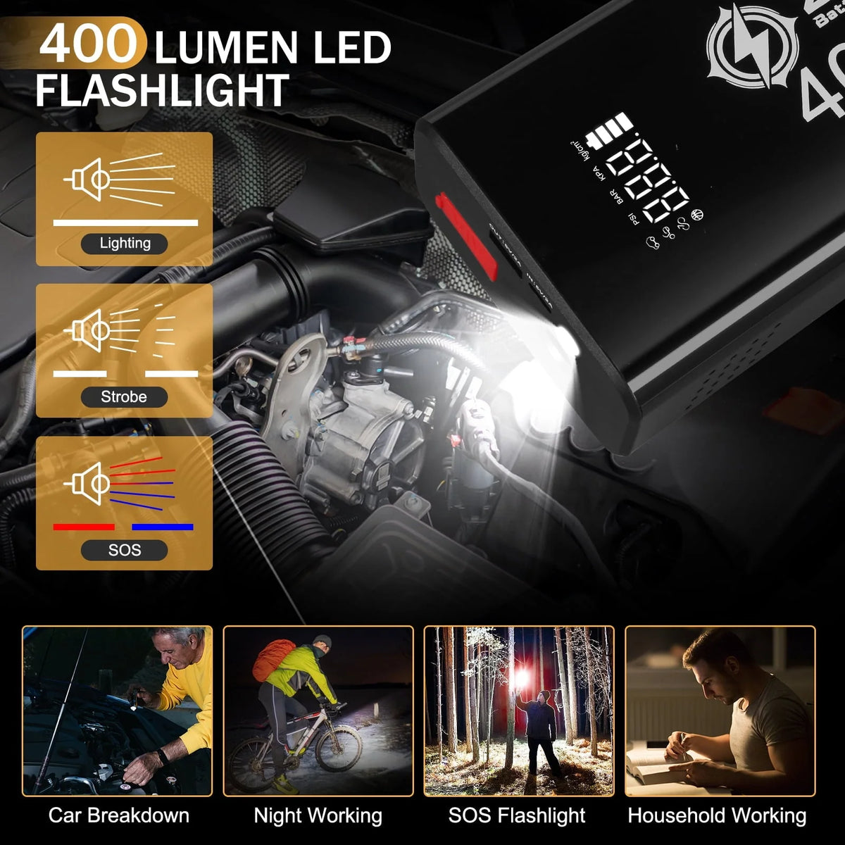 Jump Starter with Air Compressor, 4000A Portable Battery Jump Starter, 150PSI Digital Tire Inflator, 12V Jump Box Battery Power Pack(10.0L Gas/8.0L Diesel), Jumper Cables, QC 3.0, Included Gifts