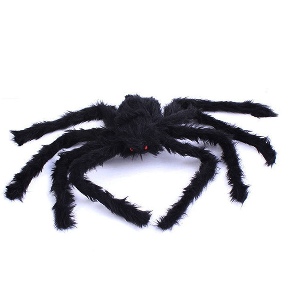 Poseable Spider Decoration with Red Eyes and Black Wool Body, 29.5 Inches