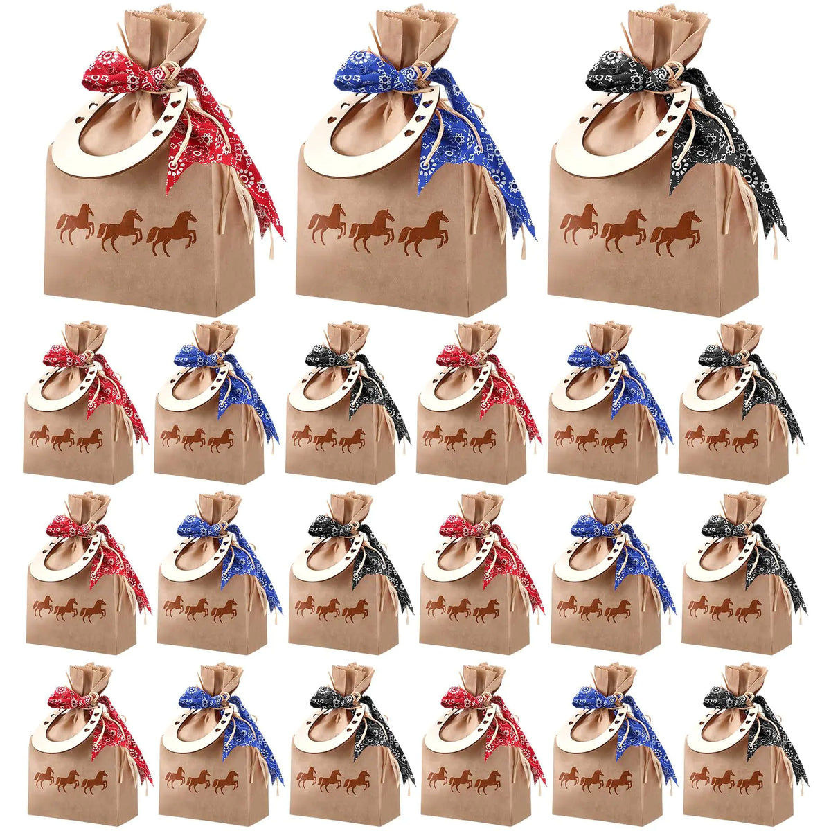 Cowboy Charm Party Favor Set - 108 PCS with Bandana Ribbons & Horseshoe Pendants