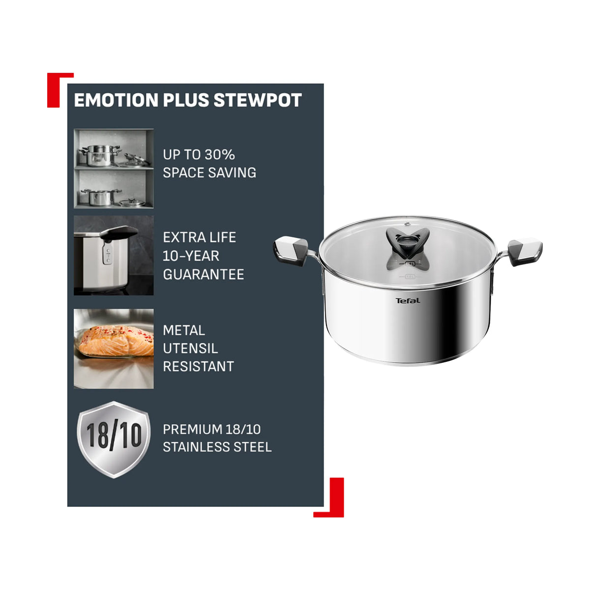 Tefal Space+ Emotion+ Induction Stainless Steel Uncoated Stewpot 24cm + Lid